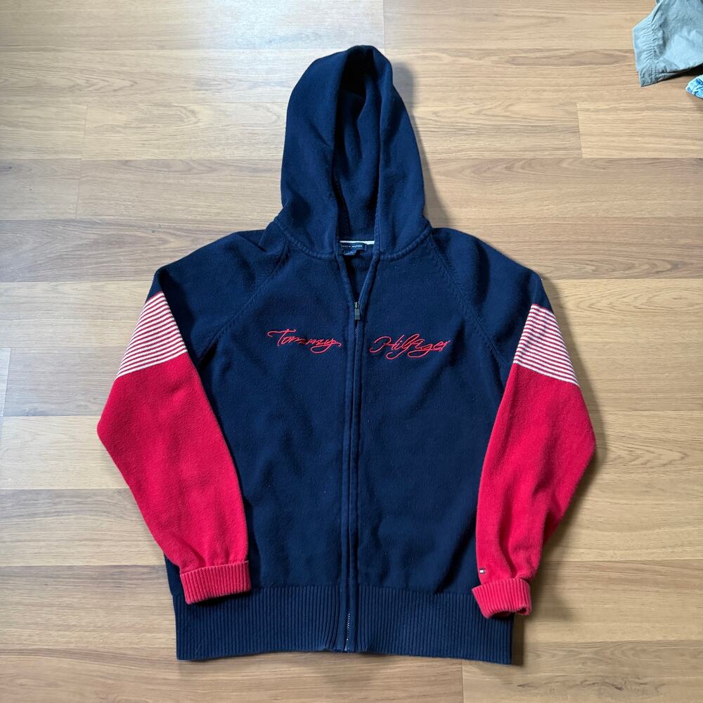 Women's Tommy Hilfiger Blue Red Zip Up Knit Hooded Sweater Sweatshirt Sz Large